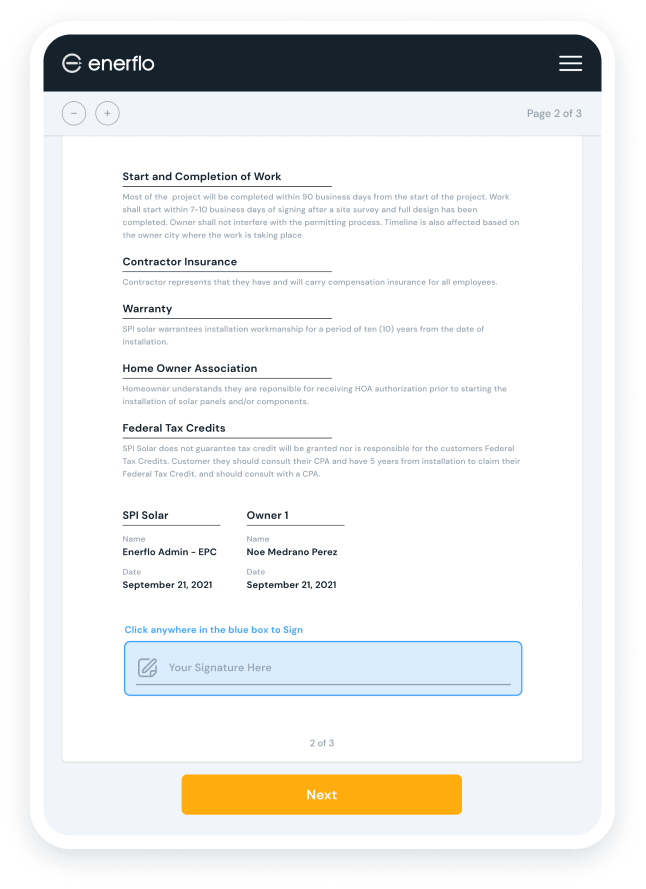 Enerflo Docflo is our in-house docsiging solution that creates signing packets in seconds which include State-required docs for compliance, installer contracts and interconnection agreements.