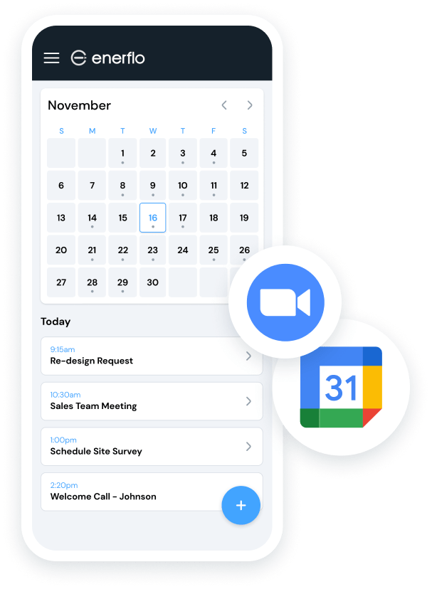 Enerflo’s internal scheduling tools sync with Google Calendar and Zoom to make appointment setting with solar customers quick and efficient.