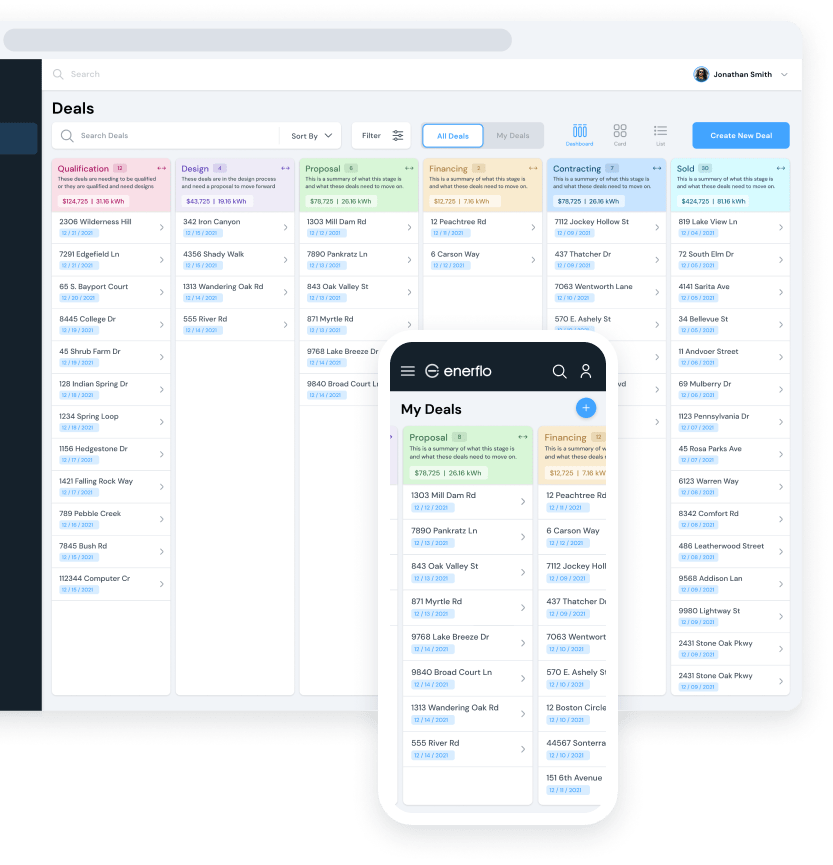 Regardless of which Solar CRM is used, Enerflo Sales Pipeline clearly shows where each solar customer is in the sales process.