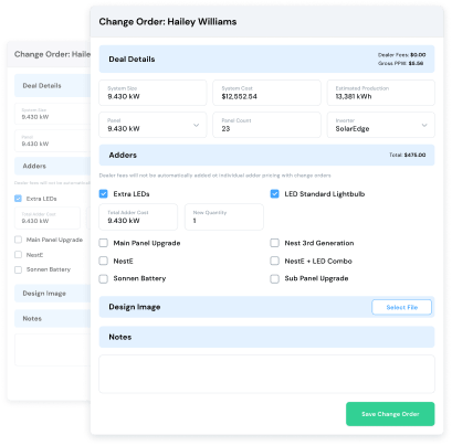 Enerflo’s intuitive change order process allows modification of adders, pricing, system details and more.