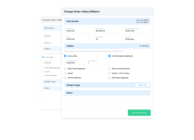 Enerflo’s intuitive change order process allows modification of adders, pricing, system details and more.