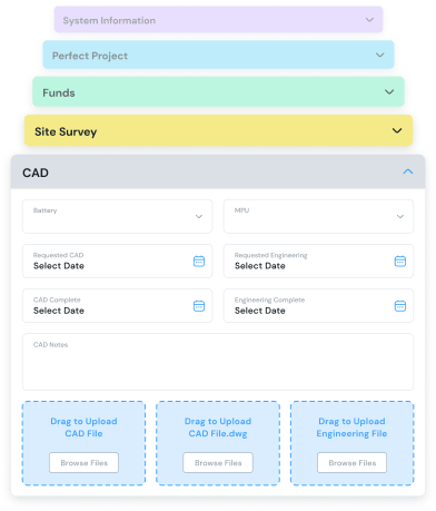 Enerflo’s Project Action Groups enable you to group custom fields and milestones to ensure data gets added properly at each step.