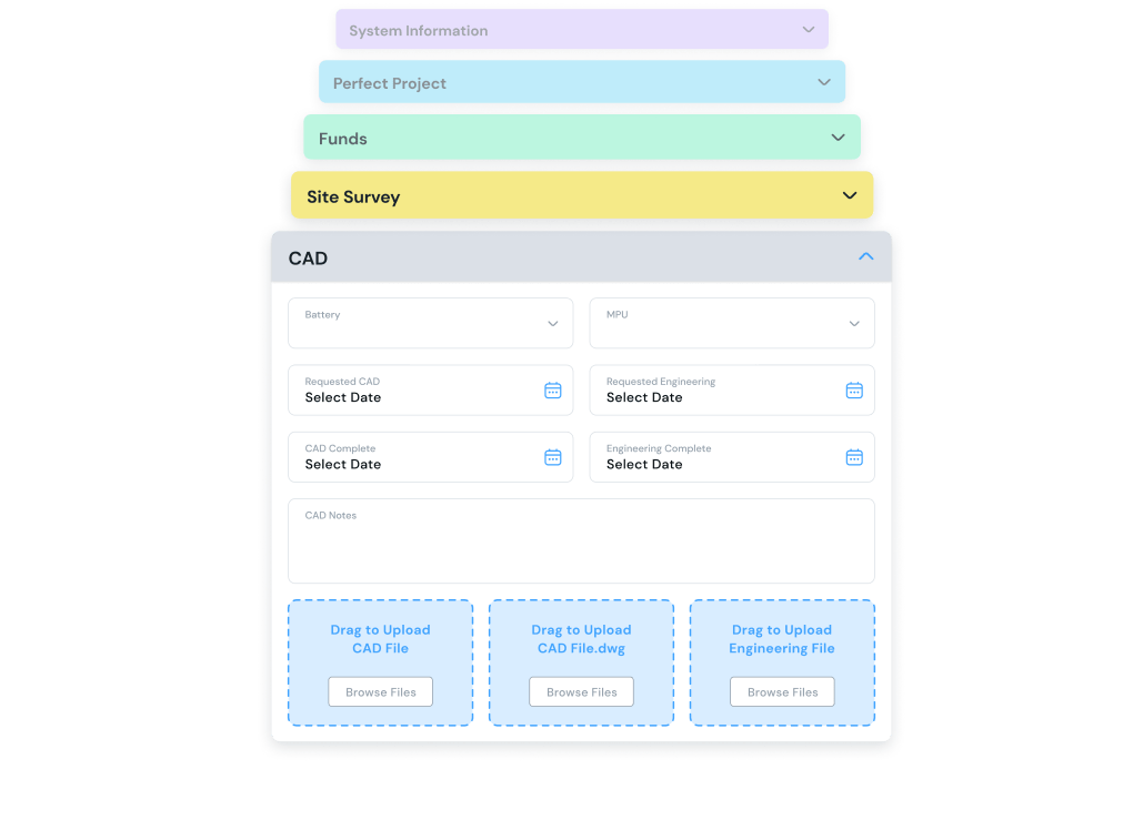 Enerflo’s Project Action Groups enable you to group custom fields and milestones to ensure data gets added properly at each step.