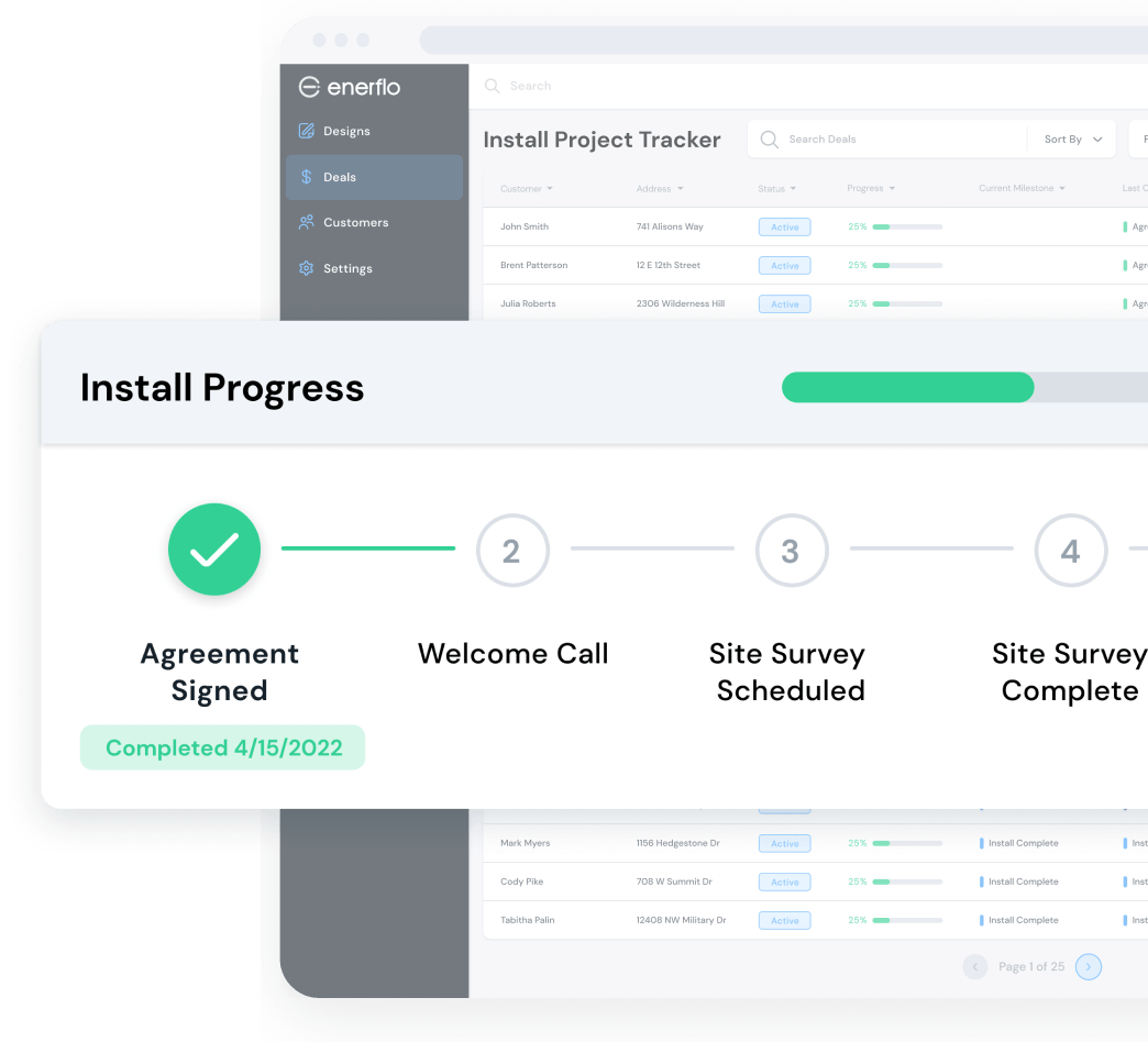 Enerflo Project Tracker, built exclusively for solar, automates solar project management, giving everyone involved the visibility they need to follow their installation progress, delays, commission data and more.