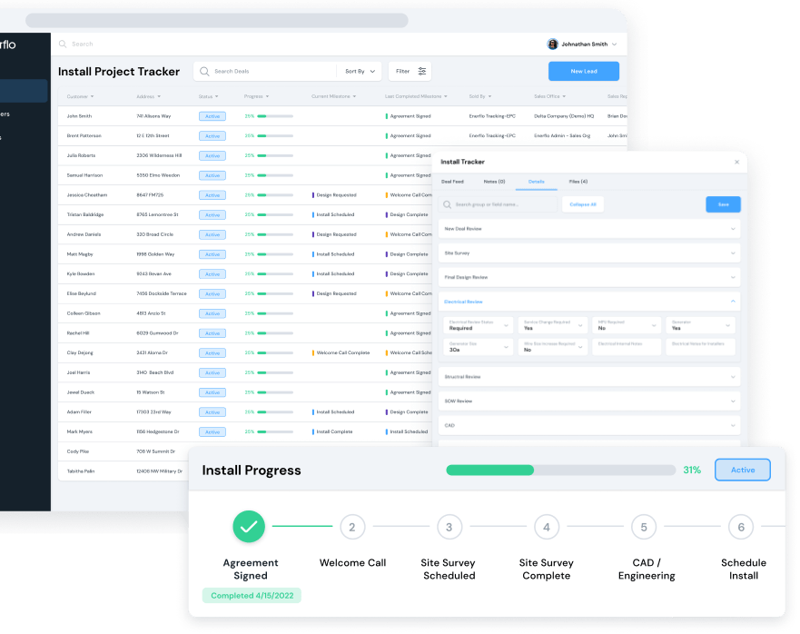 Enerflo’s Solar Project Management software keeps everyone involved informed with important milestone updates, notifications, tasks and more.