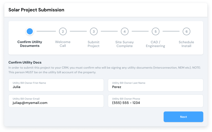 The Enerflo Project Submission feature eliminates incomplete deals from ever being submitted and when ready, seamlessly transfers all the required customer data to the installer.