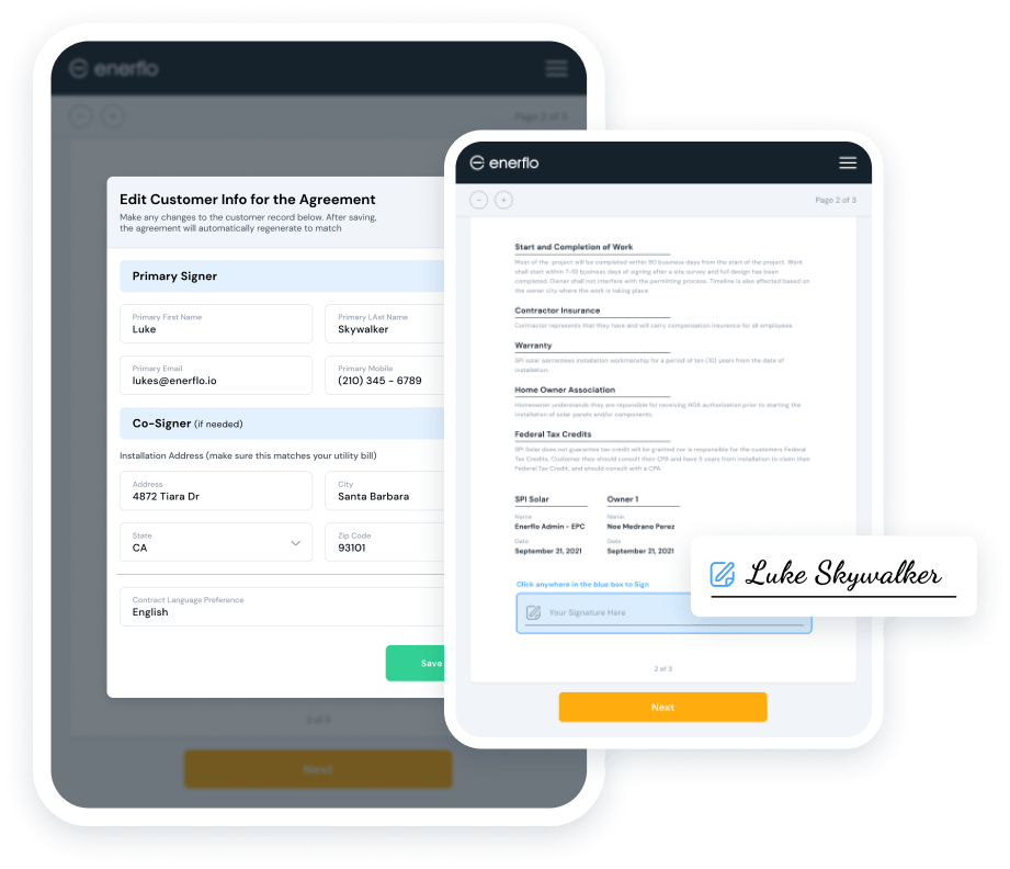 Enerflo’s proprietary doc signing solution for solar, Docflo, intelligently serves up the right docs at the right time, limiting change orders and improving upstream data.