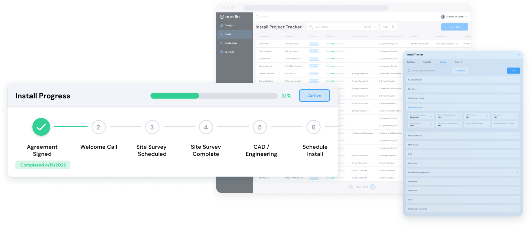 Enerflo Project Tracker, built exclusively for solar, automates solar project management, giving everyone involved the visibility they need to follow their installation progress, delays, commission data and more.