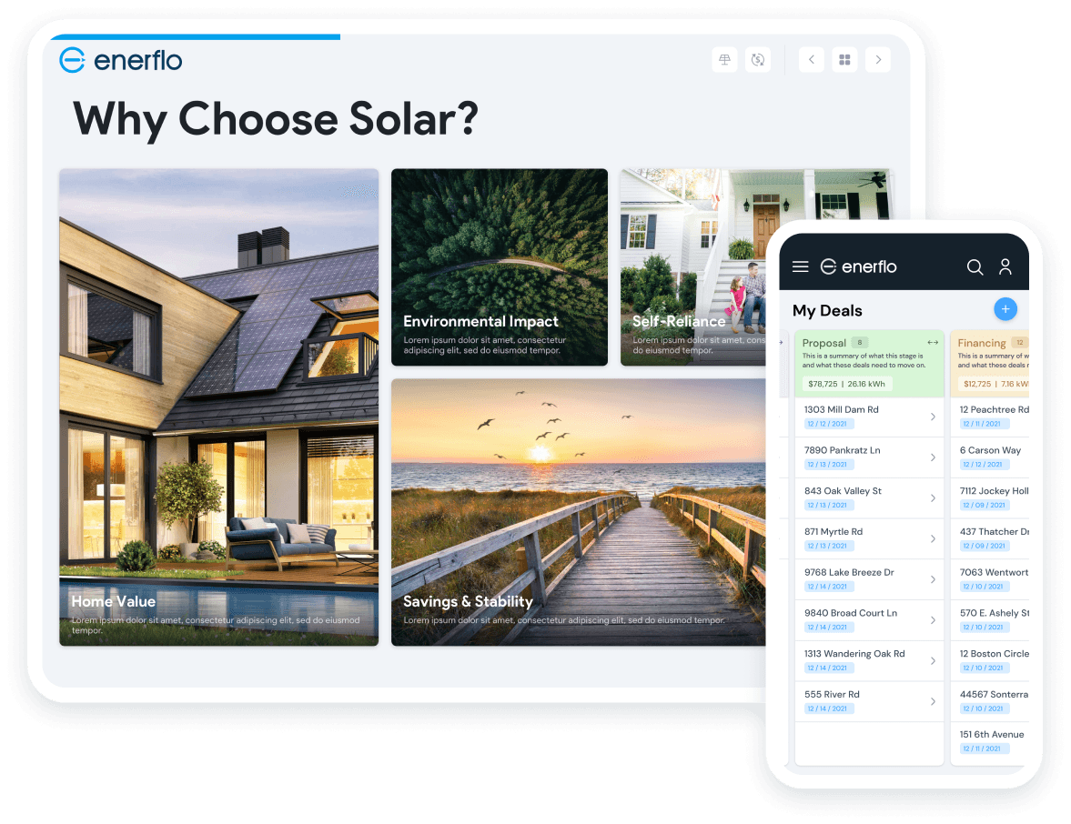 Enerflo Sales Process unifies the solar sales experience with app integrations and leading edge technology.